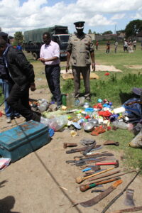 Some of the crude weapons recovered at the home of a 99-year-old woman at Majengo informal settlement in Nanyuki, Laikipia County during a raid on illicit brews on Thursday, June 8, 2023. 