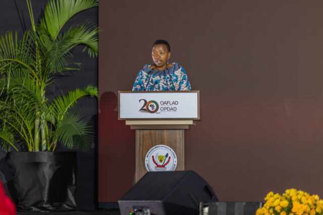 First Lady Rachel Ruto speaking during the 20th anniversary of OAFLAD in Kinshasa, Democratic Republic of Congo.