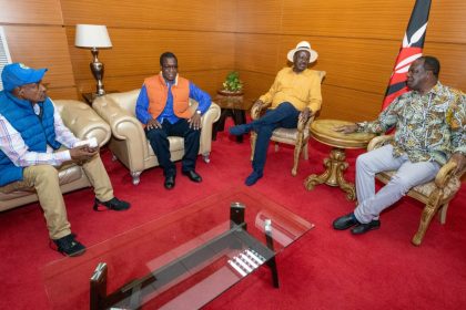 Azimio leader Raila Odinga while meeting coalition leaders after jetting back in the country Tuesday.