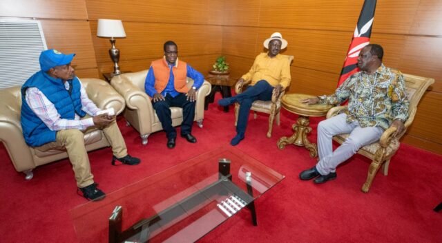 Azimio leader Raila Odinga while meeting coalition leaders after jetting back in the country Tuesday.