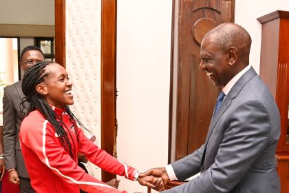 President Ruto with with 1500m and 5000m World Record Holder Faith Kipyegon at State House, Nairobi.