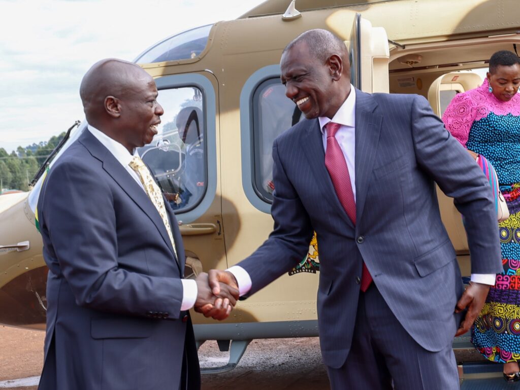 Deputy President Rigathi Gachagua receives President William Ruto at the Kerenga Airstrip in Kericho County. Photo/State House