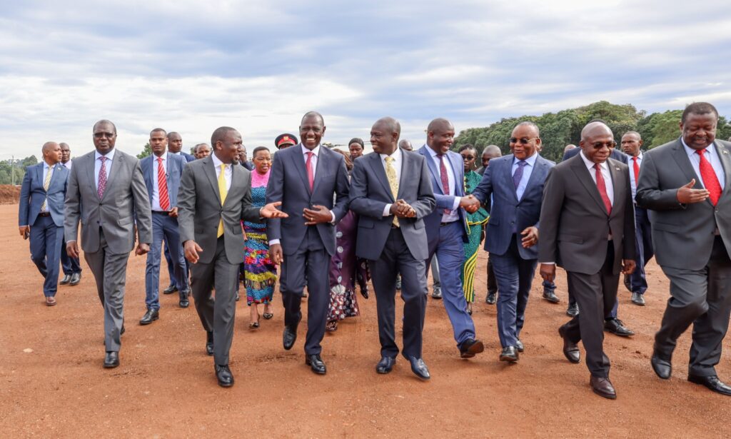 President William Ruto with leaders after landing at the Kerenga Airstrip in Kericho County. Photo/State House