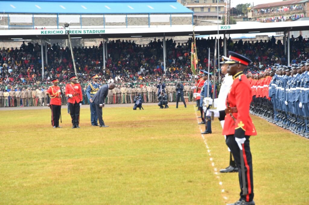 President William Ruto paying respect to KDF flag. Photo/Selestus Mayira