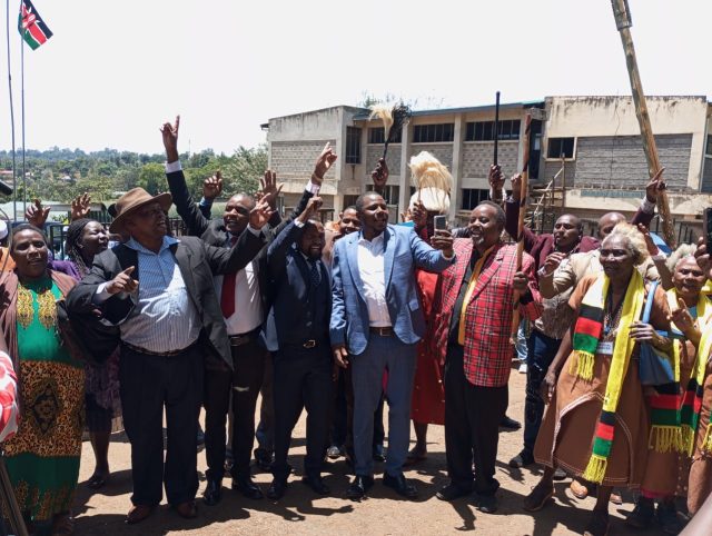 A section of Kikuyu Council of Elders and their lawyers celebrate outside Murang’a law courts on February 28, 2024 after a case against some of their members was withdrawn. photo by Purity Mugo