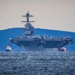 CAPTION US:  The USS Gerald R. Ford aircraft carrier arrives in Split, Croatia, on March 28, 2026. (Zvonimir Barisin/PIXSELL/Handout via Xinhua)