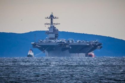 CAPTION US:  The USS Gerald R. Ford aircraft carrier arrives in Split, Croatia, on March 28, 2026. (Zvonimir Barisin/PIXSELL/Handout via Xinhua)