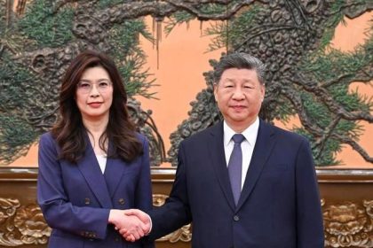 Xi Jinping, general secretary of the Communist Party of China (CPC) Central Committee, meets with a delegation of the Chinese Kuomintang (KMT) party led by its chairwoman Cheng Li-wun in Beijing, capital of China, April 10, 2026.