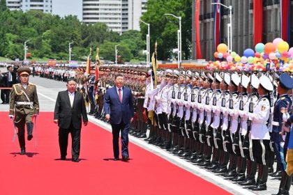 Xi Jinping, general secretary of the Communist Party of China Central Committee and Chinese president, accompanied by Kim Jong Un, general secretary of the Workers' Party of Korea and president of the State Affairs of the Democratic People's Republic of Korea (DPRK), inspects the honor guard of the three services of the Korean People's Army in Pyongyang, the DPRK, June 8, 2026. Kim held a grand welcome ceremony for Xi at Kim Il Sung Square in Pyongyang. (Xinhua/Zhai Jianlan)
