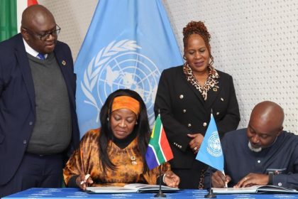 UN Resident Coordinator in South Africa Nelson Muffuh (R, front) and South African Minister in the Presidency for Planning, Monitoring and Evaluation Maropene Ramokgopa (L, front) sign the UN Sustainable Development Cooperation Framework in Pretoria, South Africa, July 10, 2026.  (GCIS/Handout via Xinhua)
