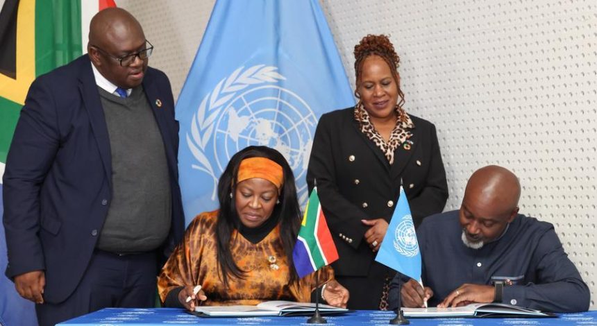 UN Resident Coordinator in South Africa Nelson Muffuh (R, front) and South African Minister in the Presidency for Planning, Monitoring and Evaluation Maropene Ramokgopa (L, front) sign the UN Sustainable Development Cooperation Framework in Pretoria, South Africa, July 10, 2026.  (GCIS/Handout via Xinhua)