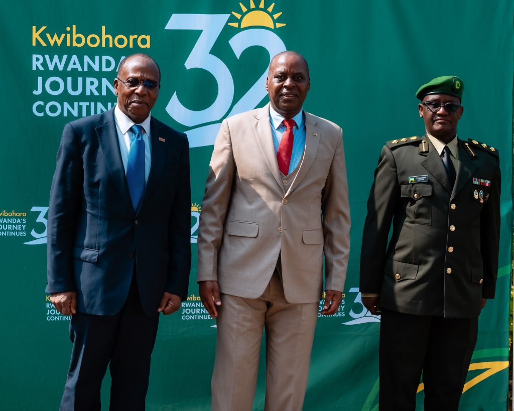 L-R: Kenya's Foreign Service Academy’s Director General Ambassador Patrick Wamoto, Rwandan Ambassador to Kenya Ernest Rwamucyo and Rwandan Militray Attache.