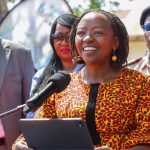 First Lady Rachel Ruto addressing the pupils and teachers at Lwala Kadawa Comprehensive School, Kisumu.